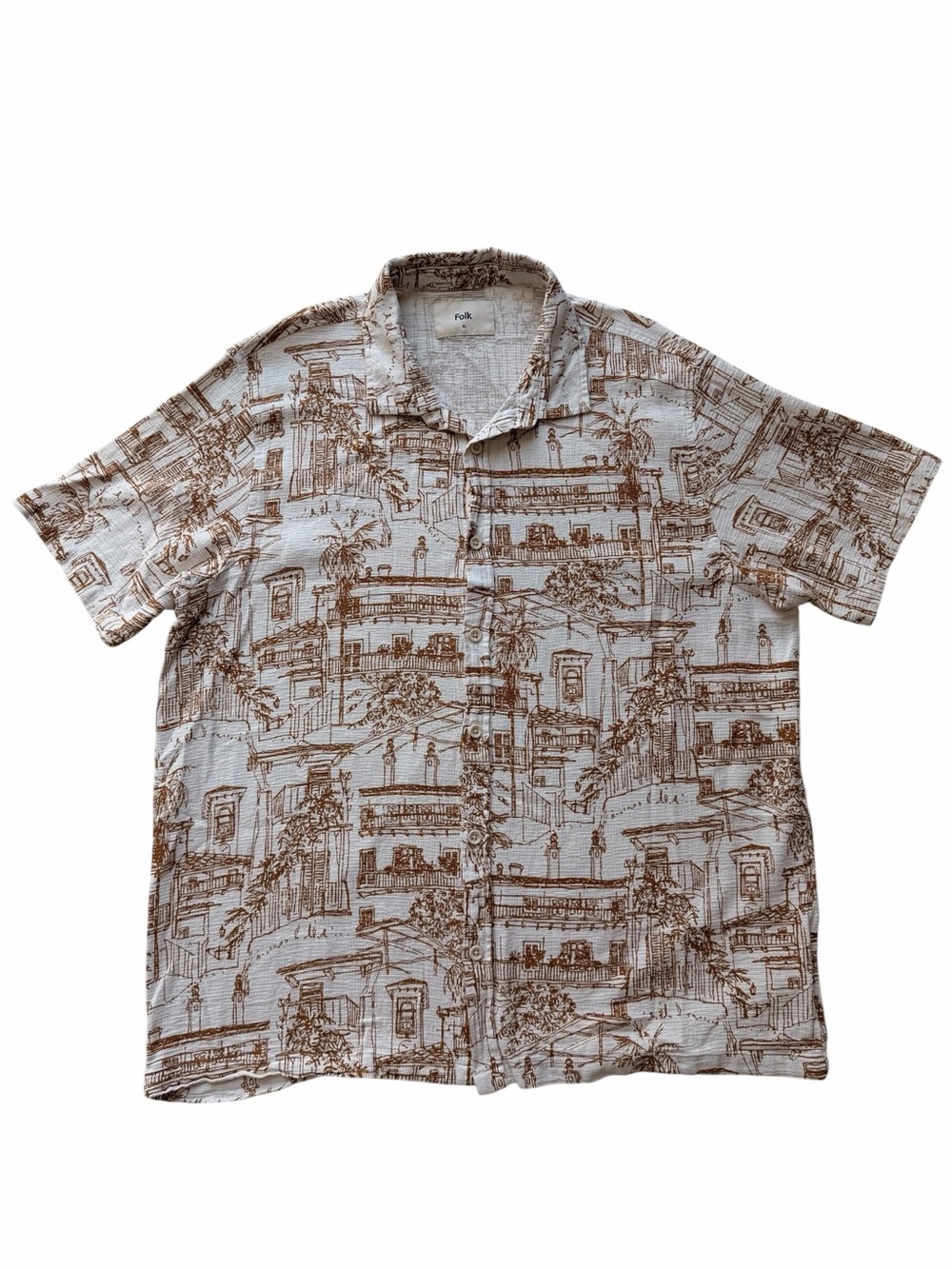 Folk Short-Sleeve Men's Printed 100% Cotton Shirt in Beige & Brown Size XL